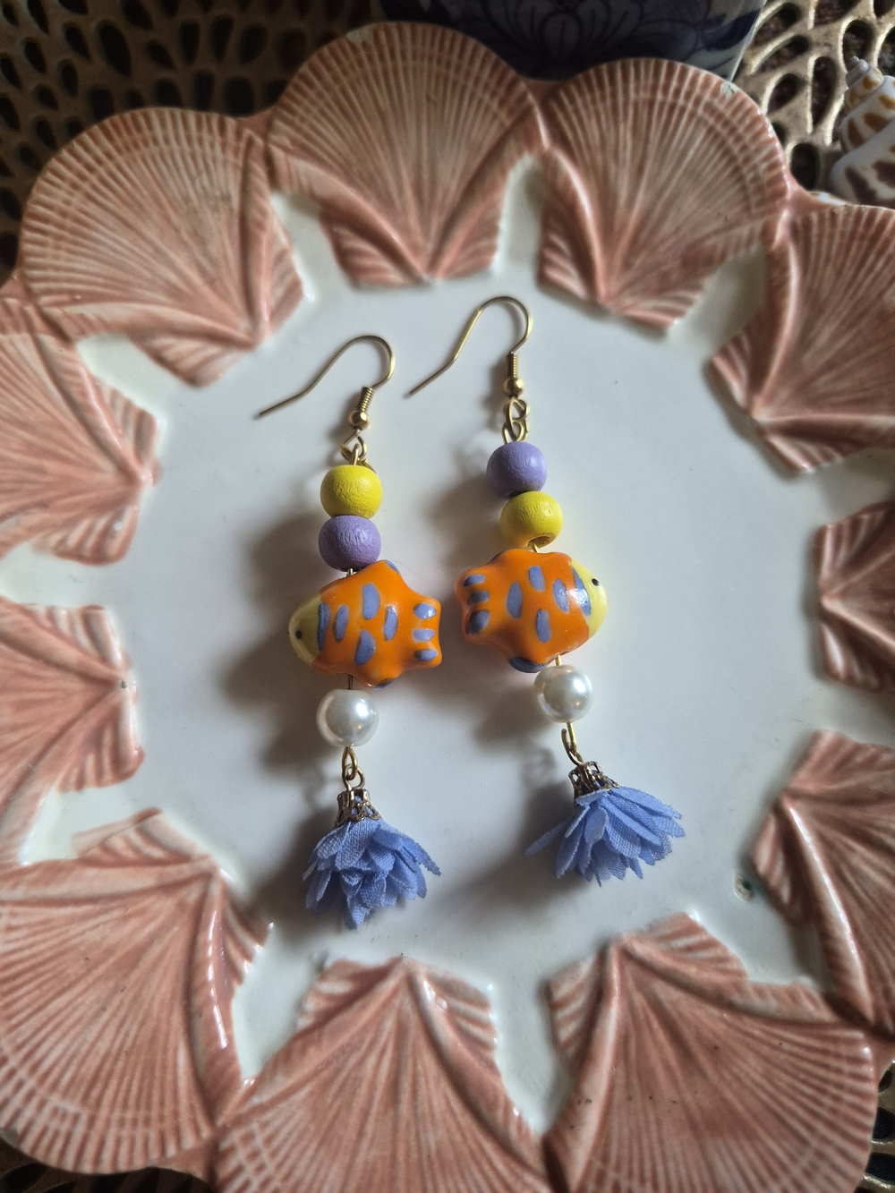 Colorful Orange Fish Dangle Earrings with Yellow and Purple Accents